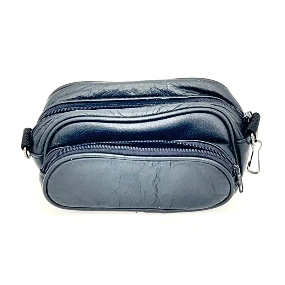 Vintage Ryka Black Leather Two Compartment Camera Lens Bag Zipper Metal Hardware